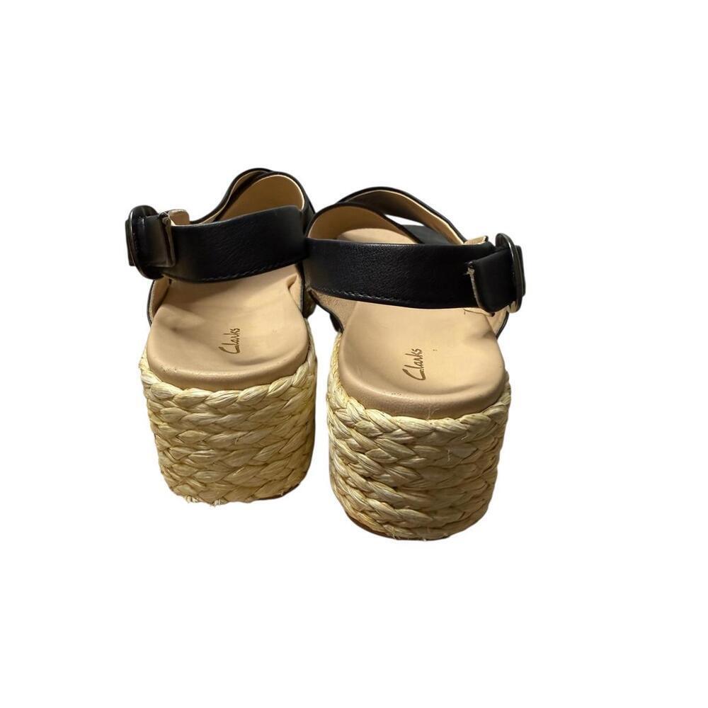 Clarks Kimmei Espadrilles Wedge Sandal Size 10 Black Leather Cross Wide Strap - Picture 3 of 5